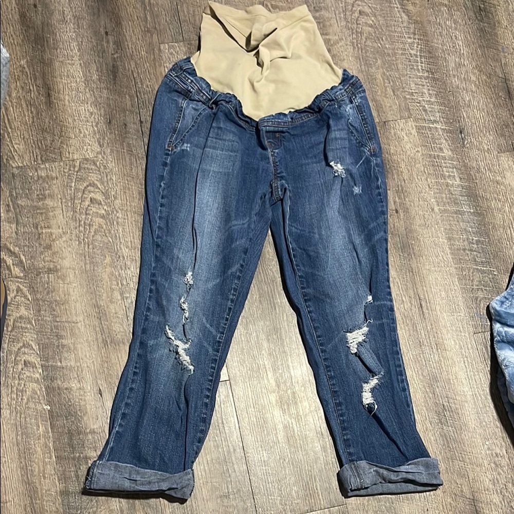 Medium Wash Distressed maternity Jeans with Relaxed Fit
